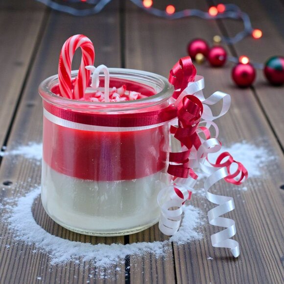 Handmade Candle ✦ Candy Cane & Christmas Tree ✦ Soy Wax in Recycled Yogurt Jar - Picture 1 of 6